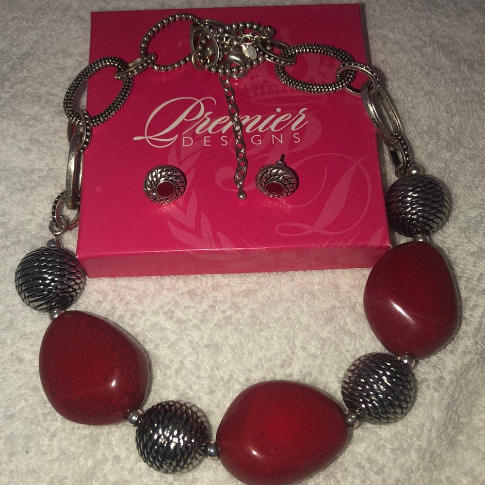 Premier Designs silver and red necklace and earrings